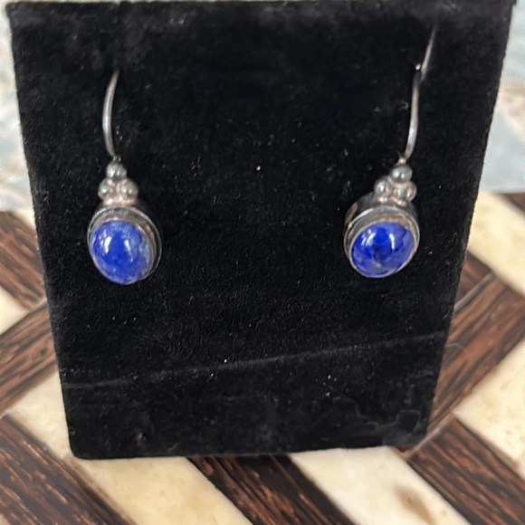 Artisan Jewelry - Lapis lazuli pierced earrings vintage sterling silver oxidized handmade